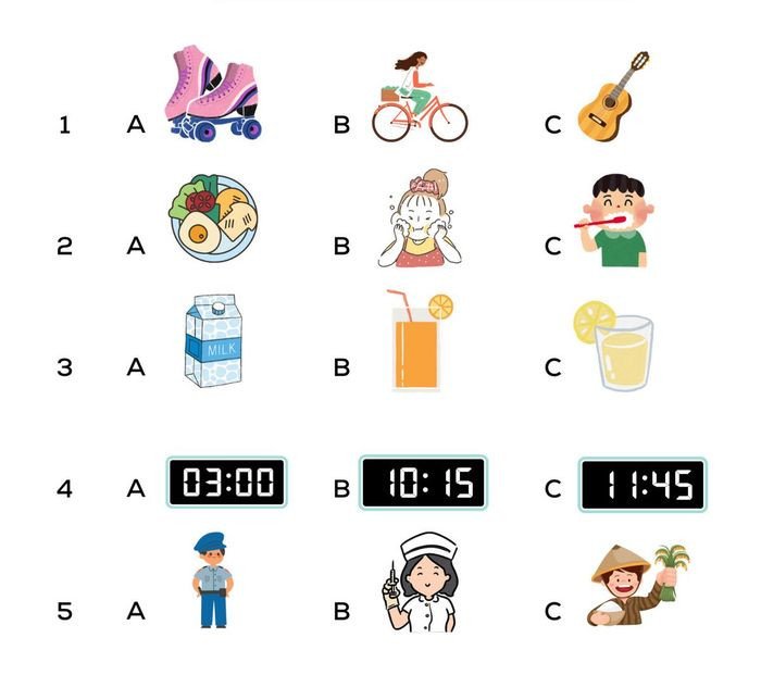 Bài tập nghe tiếng Anh lớp 4 khoanh tròn hình ảnh đúng