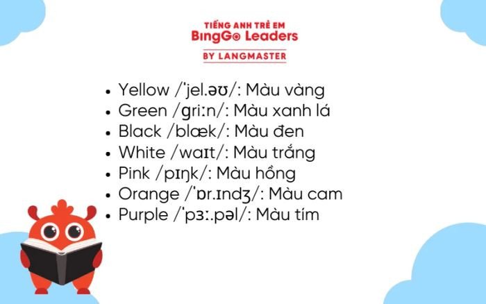 Bảng màu tiếng Anh cơ bản với các màu đỏ, xanh, vàng, giúp bé nhận biết từ vựng màu sắc.
