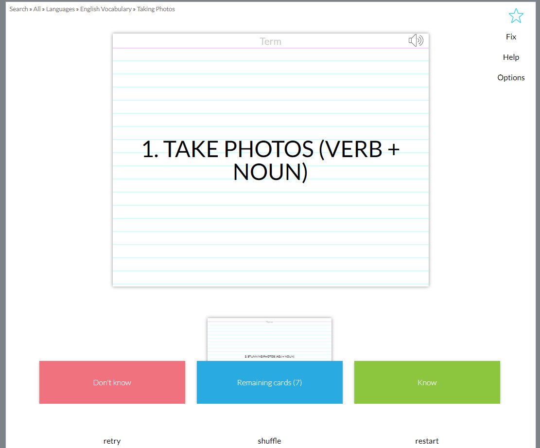 Bắt đầu học Flashcards collocations chụp ảnh trên StudyStack