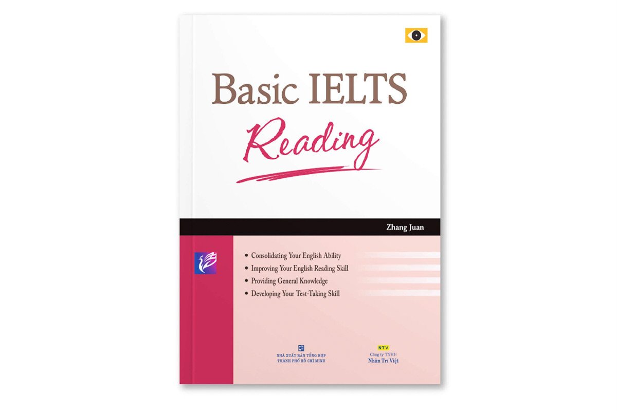 Bìa sách Basic IELTS Reading với tông màu xanh nhạt và logo
