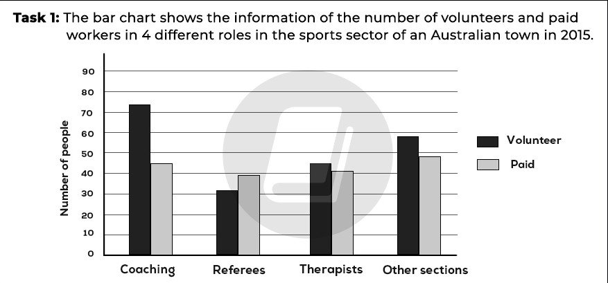 Biểu đồ so sánh số lượng người lao động có và không lương trong các vai trò thể thao, hỗ trợ viết Overview IELTS