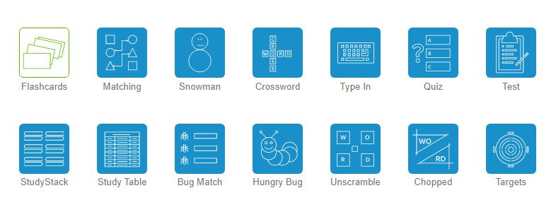 Các chế độ học khác trên StudyStack để ghi nhớ từ vựng
