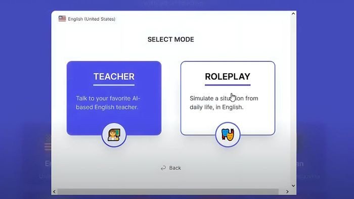 Các chế độ luyện nói tiếng Anh với Gliglish AI như Teacher và Roleplay