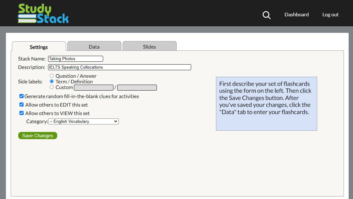 Cài đặt thông tin cho bộ thẻ collocations trên StudyStack