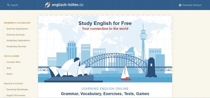 Cận cảnh màn hình laptop hiển thị giao diện của trang web Englisch-hilfen, nơi cung cấp các bài học và bài tập ngữ pháp tiếng Anh.