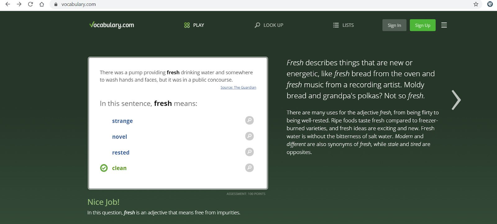 Câu đố từ vựng hàng ngày trên trang chủ Vocabulary.com, giúp kiểm tra và củng cố vốn từ vựng tiếng Anh của người học