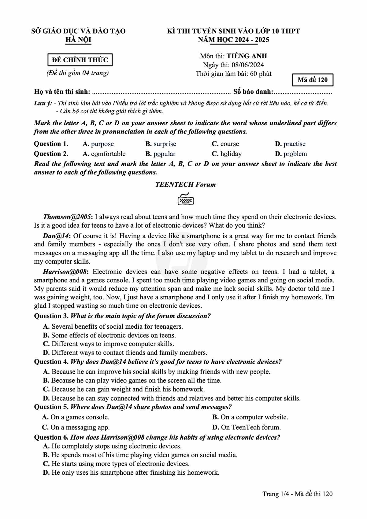 Cấu trúc và ví dụ các câu hỏi tiếng Anh phần phát âm và trọng âm trong đề thi vào 10 Hà Nội 2024
