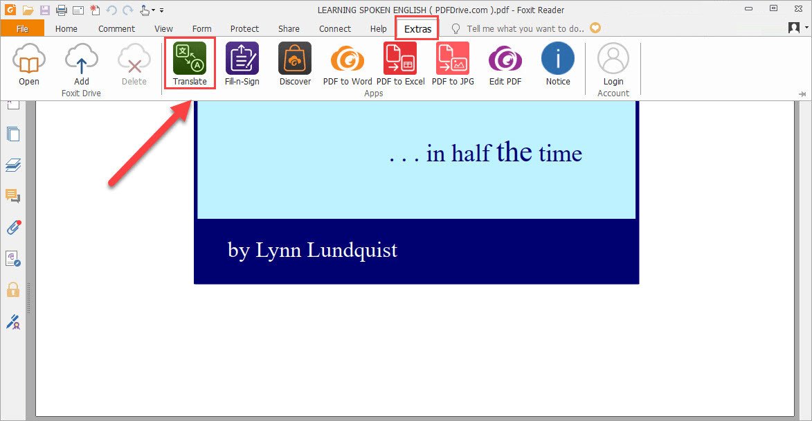 Chọn chức năng dịch trong Foxit Reader để chuyển đổi tài liệu PDF từ tiếng Anh.