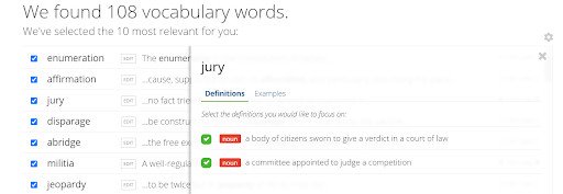 Giải thích chi tiết nghĩa và loại từ của từ 'jury' trên Vocabulary.com, minh họa cách trang web giúp người học hiểu sâu hơn về từ vựng