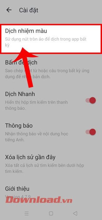 Giao diện cài đặt U-Dictionary với tùy chọn Dịch nhiệm màu nổi bật cho dịch ngôn ngữ khi chơi game