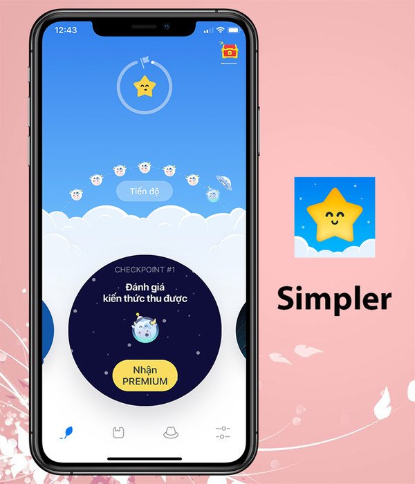 Giao diện chính ứng dụng Simpler trên điện thoại, hiển thị menu học tiếng Anh