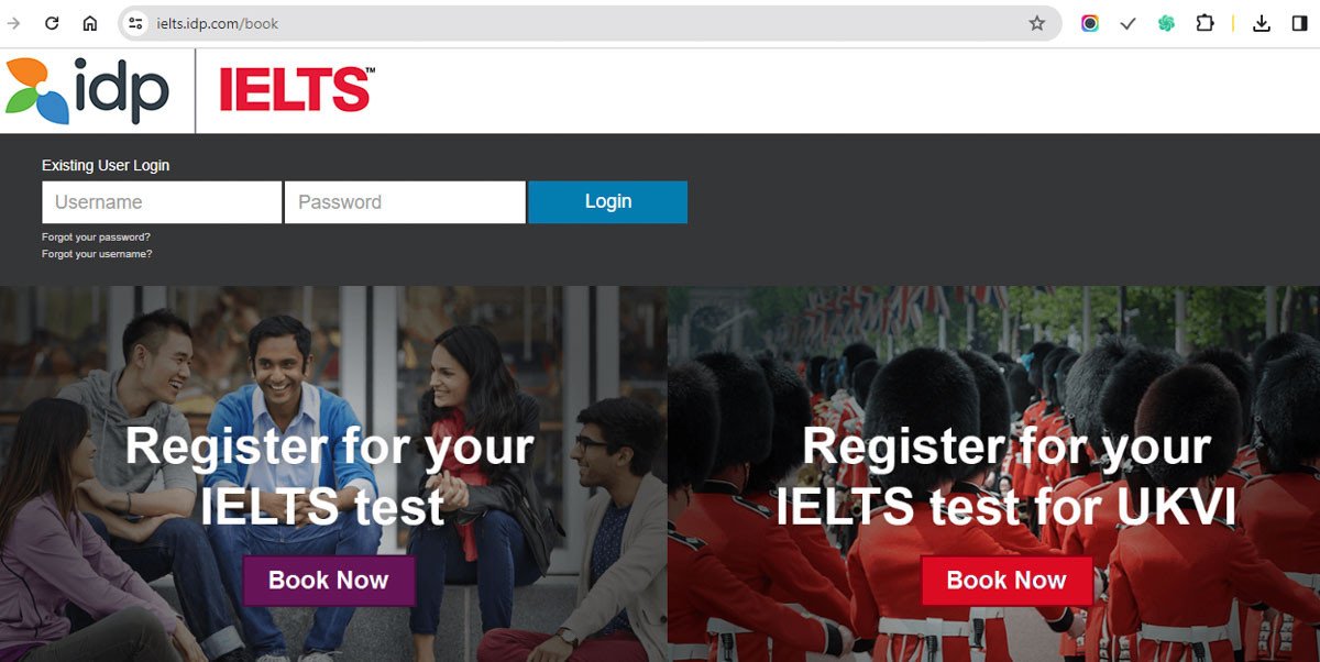 Giao diện đăng ký thi IELTS trên website IDP