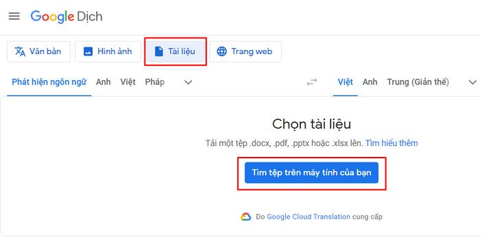 Giao diện Google Translate khi chọn mục tài liệu để chuyển đổi tài liệu PDF từ tiếng Anh.