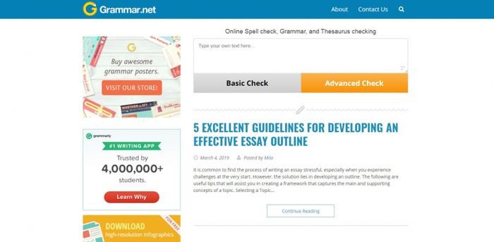 Giao diện Grammar.net với các bài học ngữ pháp minh họa bằng hình ảnh