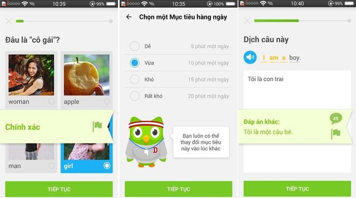 Giao diện học tiếng Anh của ứng dụng Duolingo với các bài tập tương tác