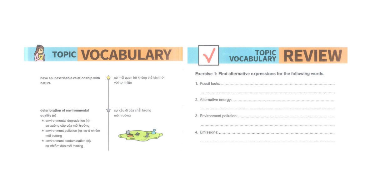 Giao diện minh họa phần từ vựng theo chủ đề (Topic vocabulary) và bài tập ôn tập trong sách How to Crack the IELTS Writing Test