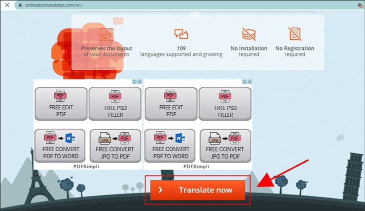 Giao diện OnlineDoc Translator, sẵn sàng để dịch tài liệu tiếng Anh sang tiếng Việt.