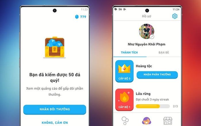 Giao diện phần thưởng kim cương và huy hiệu sau mỗi bài học tiếng Anh trên ứng dụng Duolingo