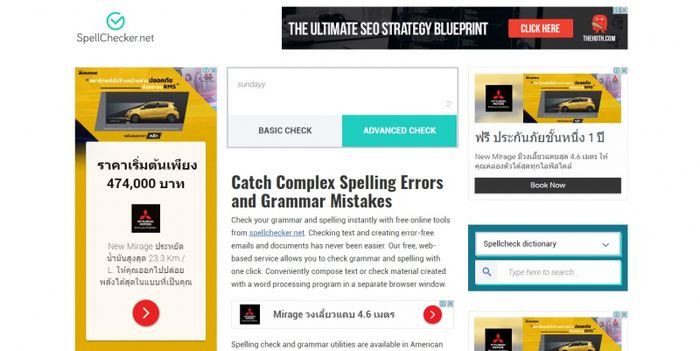 Giao diện Spellchecker.net với khu vực nhập văn bản để kiểm tra chính tả và ngữ pháp