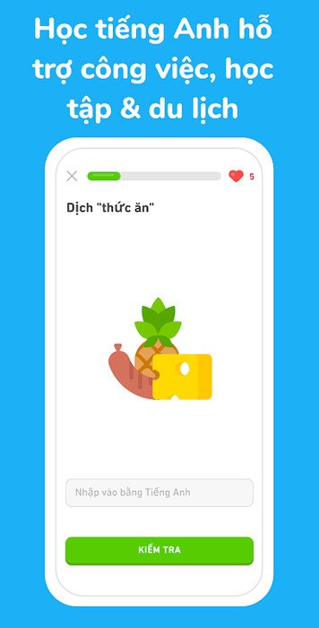 Giao diện thân thiện của ứng dụng Duolingo, hỗ trợ người học luyện viết tiếng Anh qua các bài tập tương tác hấp dẫn