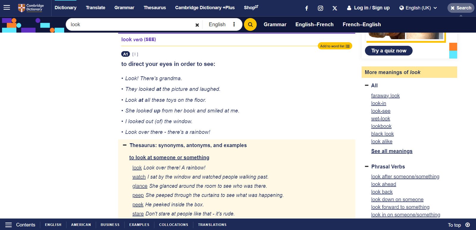 Giao diện tra cứu Phrasal Verb trên Cambridge English Dictionary