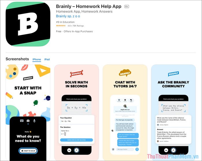 Giao diện ứng dụng Brainly hiển thị các câu hỏi và trả lời tiếng Anh