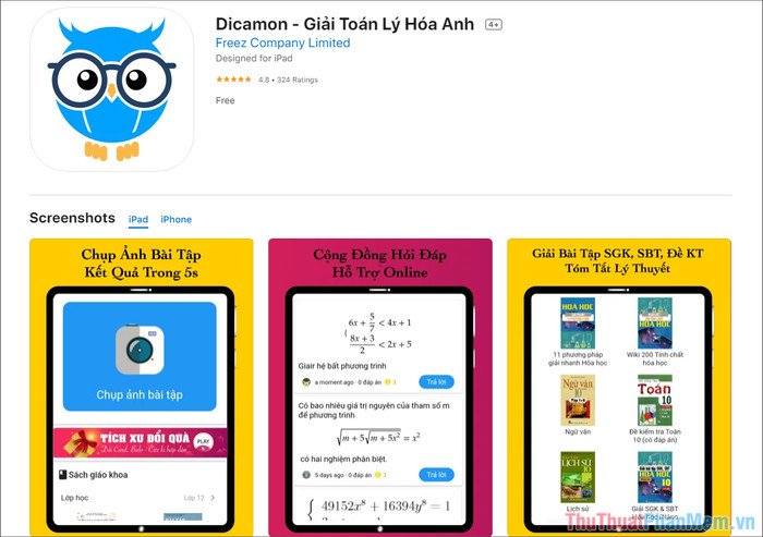 Giao diện ứng dụng Dicamon với tính năng giải bài tập tiếng Anh