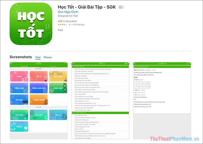 Giao diện ứng dụng Học Tốt cho phép giải bài tập tiếng Anh offline