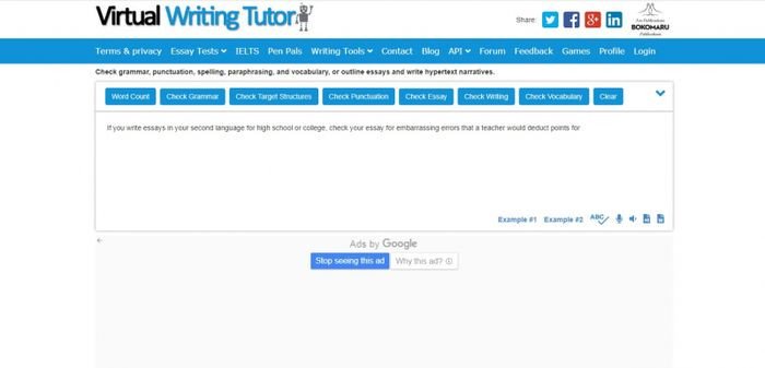 Giao diện Virtualwritingtutor.com với tùy chọn nhập văn bản hoặc thu âm