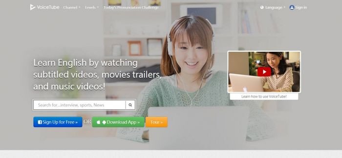 Giao diện Voicetube.com hiển thị video luyện nghe với phụ đề và chức năng kiểm tra chính tả
