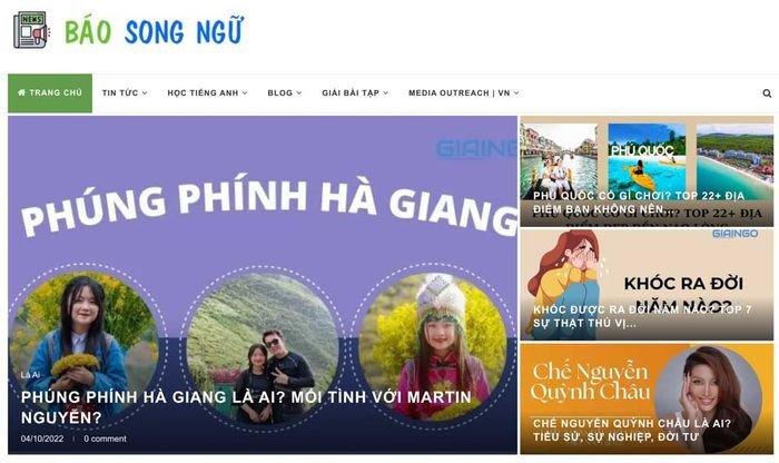 Giao diện website Báo song ngữ Anh Việt cung cấp tin tức và bài học tiếng Anh.