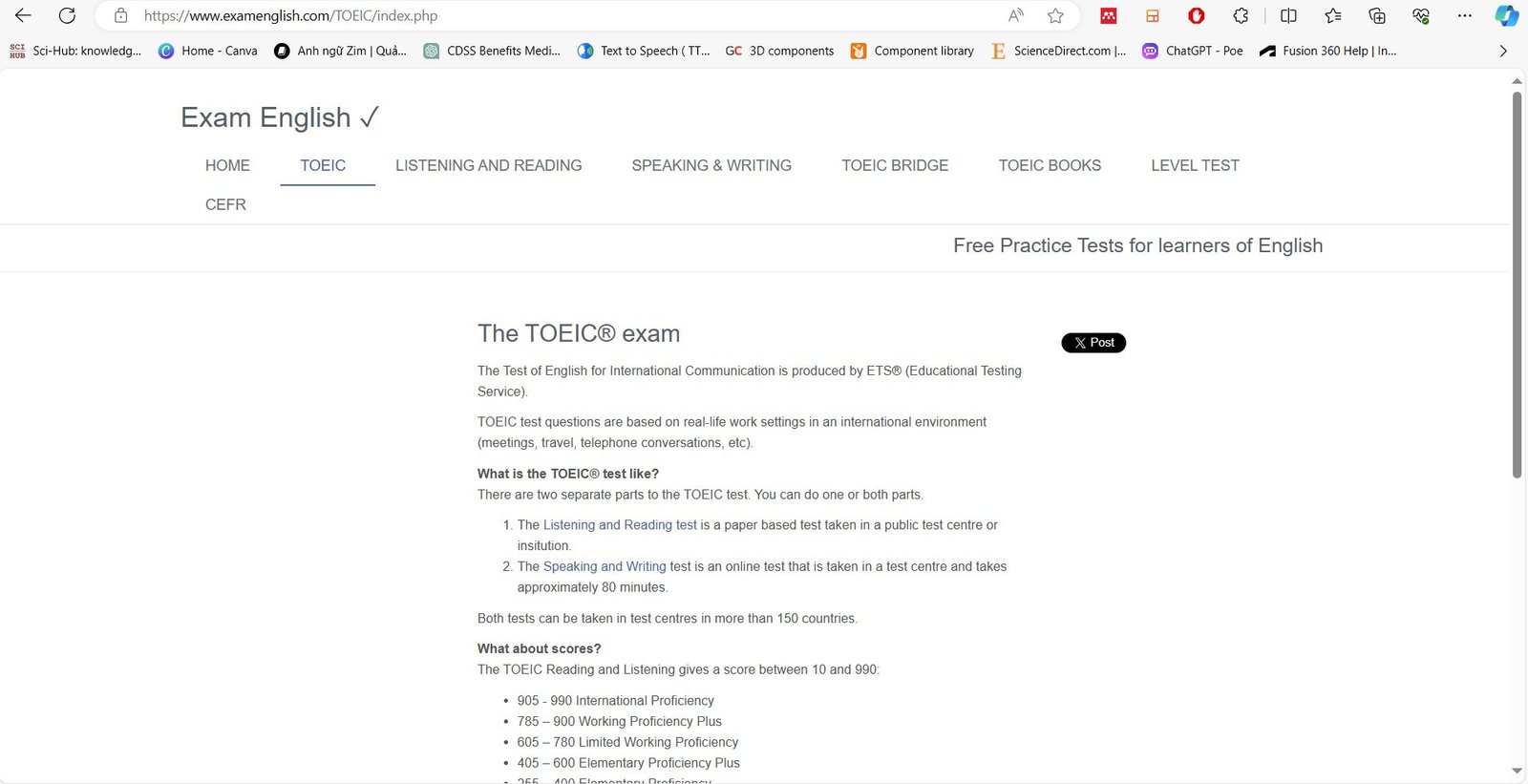 Giao diện website Exam English cung cấp tài liệu ôn thi TOEIC