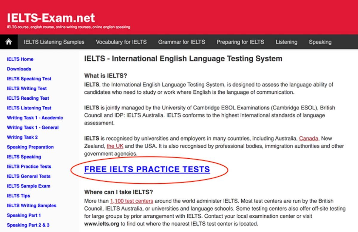 Giao diện website IELTS Exam giúp bạn làm bài test IELTS miễn phí trực tuyến.