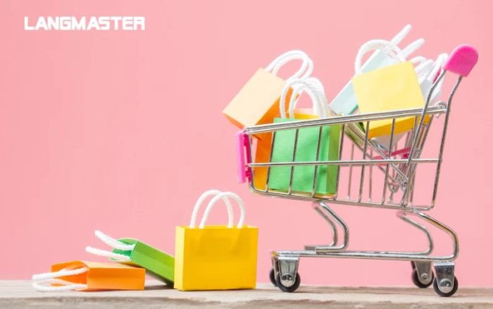 Giỏ hàng và các biểu tượng mua sắm liên quan đến từ vựng tiếng Anh về mua sắm