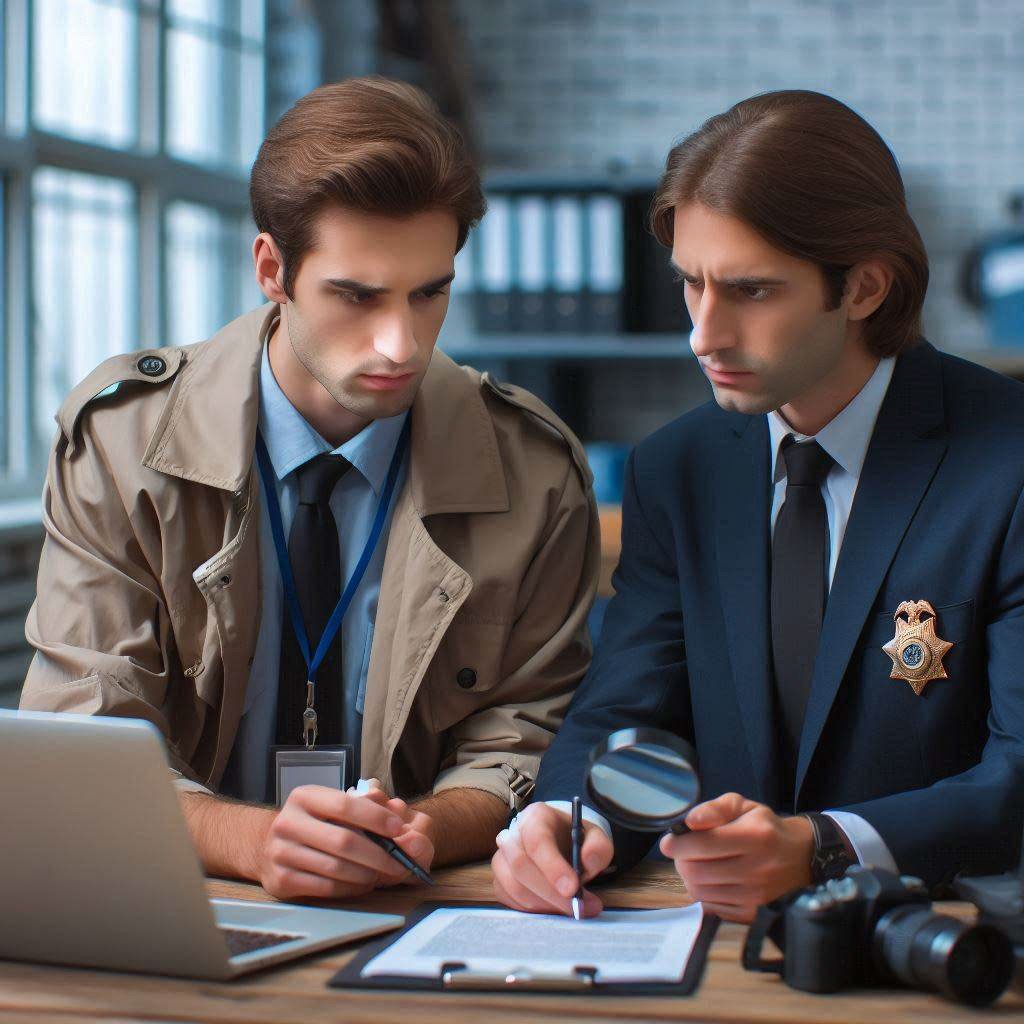 Hai sĩ quan công an thảo luận về vụ án tại đồn cảnh sát, minh họa từ vựng tiếng Anh chuyên ngành