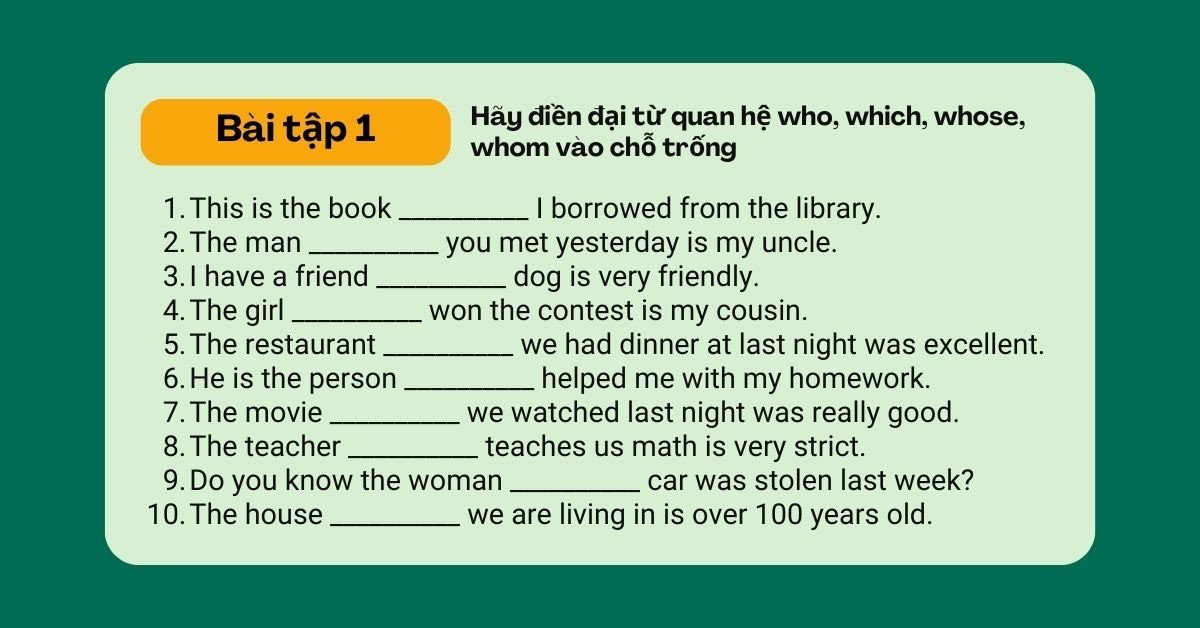 Hình ảnh bài tập thực hành mệnh đề quan hệ lớp 11 kèm đáp án chi tiết