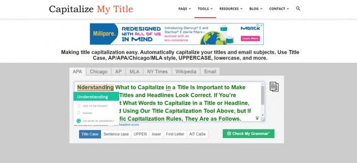Hình ảnh Capitalizemytitle.com với trường nhập văn bản và tùy chọn định dạng tiêu đề