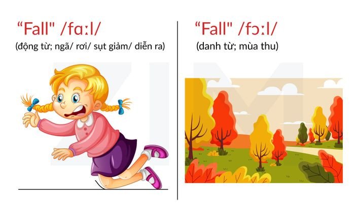 Hình ảnh lá vàng mùa thu và người ngã, diễn tả nghĩa kép của từ fall trong tiếng Anh