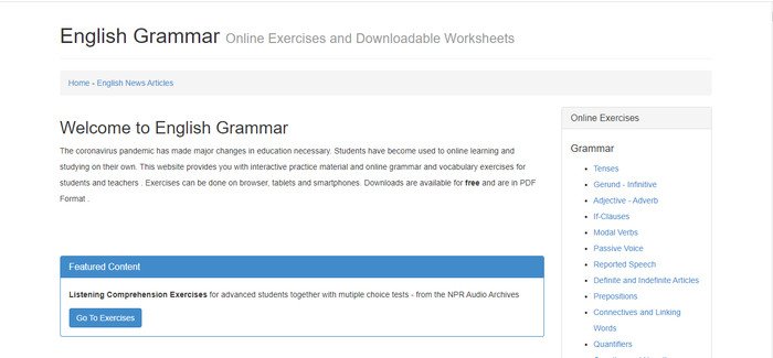Hình ảnh minh họa một người dùng đang luyện tập các bài tập ngữ pháp tiếng Anh trực tuyến trên trang English-grammar.at.