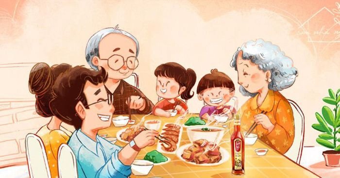 Hình ảnh một gia đình nhiều thế hệ đang cùng nhau tận hưởng bữa ăn, biểu tượng cho sự gắn kết khi viết về gia đình bằng tiếng Anh.