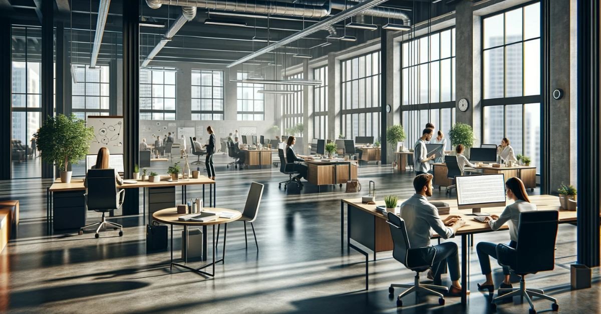 Hình ảnh văn phòng làm việc bận rộn, dùng luyện tập mô tả tranh TOEIC Speaking Part 2