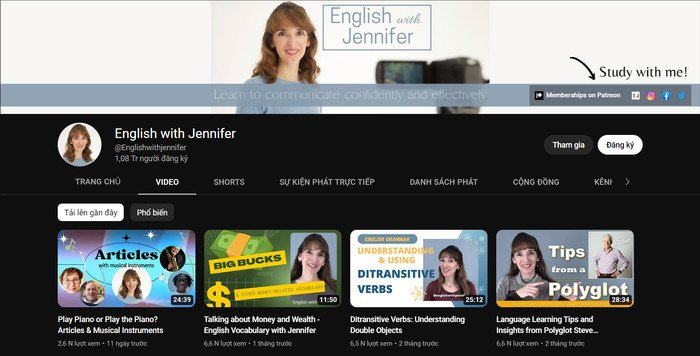 Kênh YouTube JenniferESL cung cấp bài học tiếng Anh trực quan