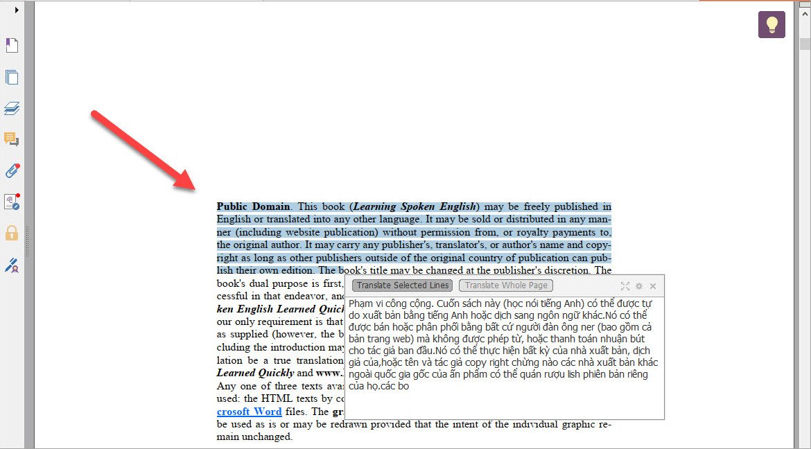 Kết quả bản dịch PDF từ Foxit Reader sau khi bôi đen văn bản gốc.