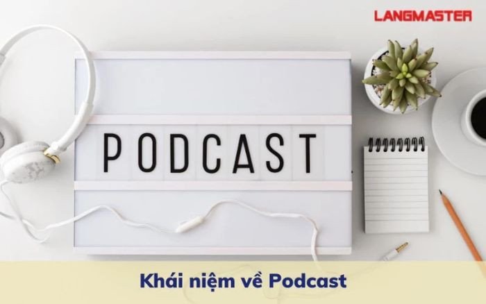 Khái niệm podcast tiếng Anh, biểu tượng micro và sóng âm