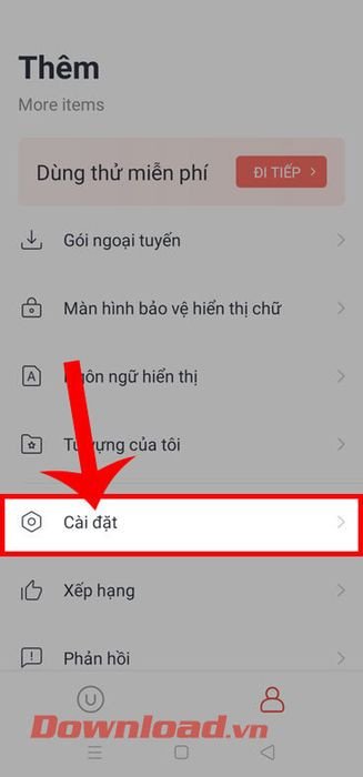 Màn hình cài đặt ứng dụng U-Dictionary, hiển thị mục cài đặt để tùy chỉnh tính năng dịch
