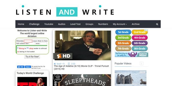 Màn hình Listen-and-write.com với giao diện luyện nghe chép chính tả