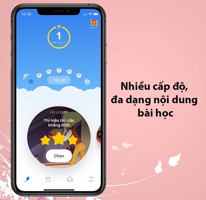 Màn hình lựa chọn bài học theo cấp độ và chủ đề trong ứng dụng học tiếng Anh Simpler