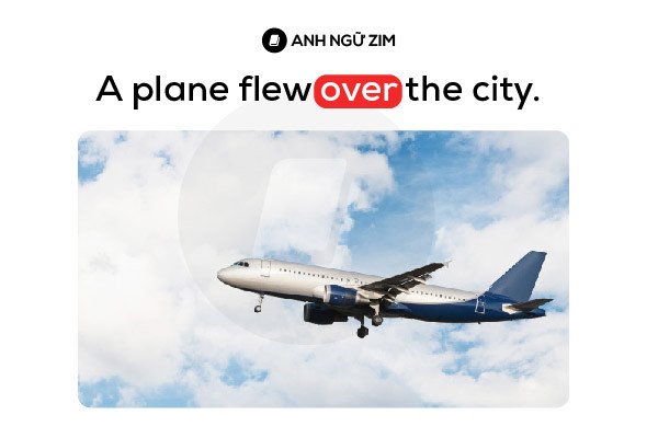 Máy bay bay lượn trên bầu trời thành phố, minh họa cách dùng giới từ Over trong chuyển động