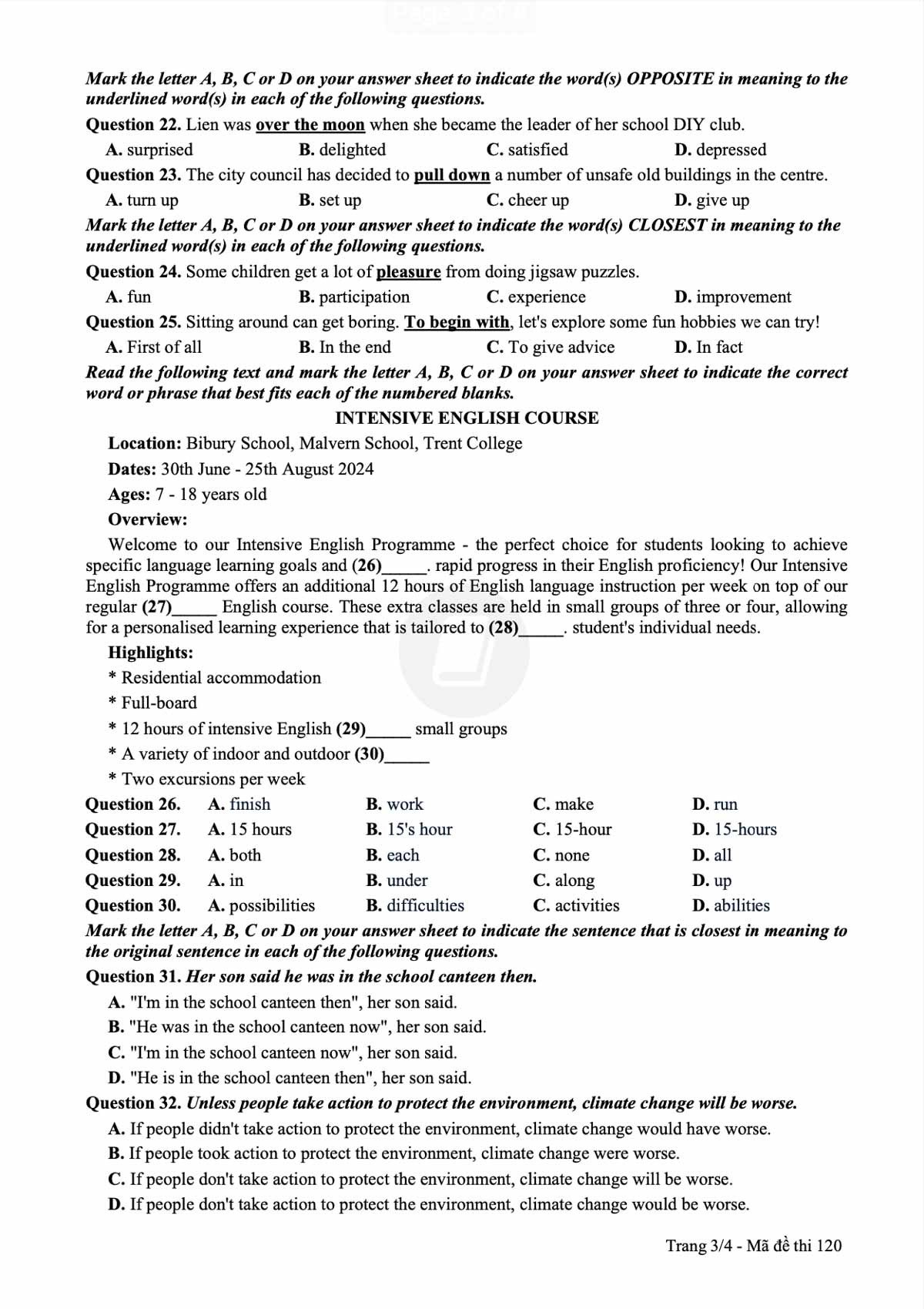 Minh họa các câu hỏi về từ đồng nghĩa, trái nghĩa và điền từ trong đề thi tiếng Anh lớp 10 Hà Nội năm 2024