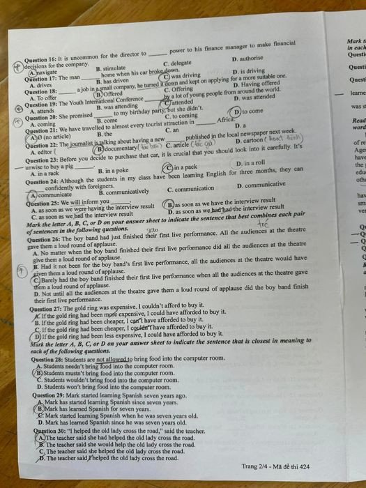 Minh họa các dạng câu hỏi trắc nghiệm trong đề thi Tiếng Anh THPT Quốc gia, kiểm tra ngữ pháp và từ vựng